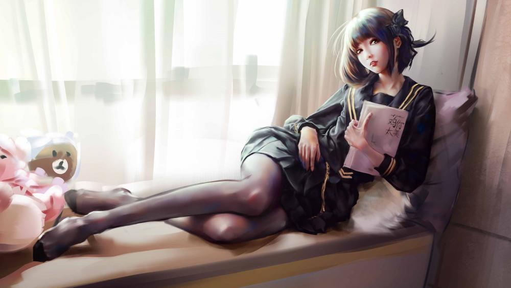 Serene Anime Schoolgirl Lounging wallpaper