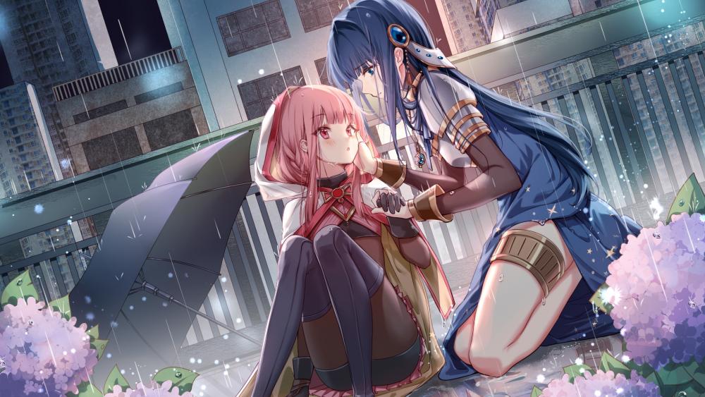 Anime Girls Sharing an Umbrella in the Rain wallpaper