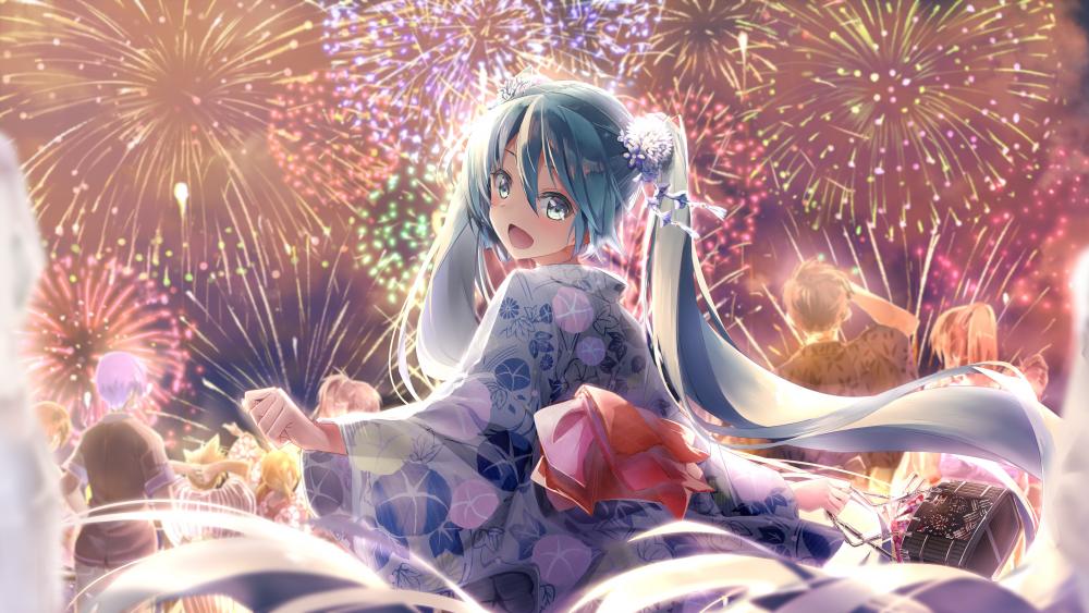 Hatsune Miku Amidst Festive Fireworks wallpaper
