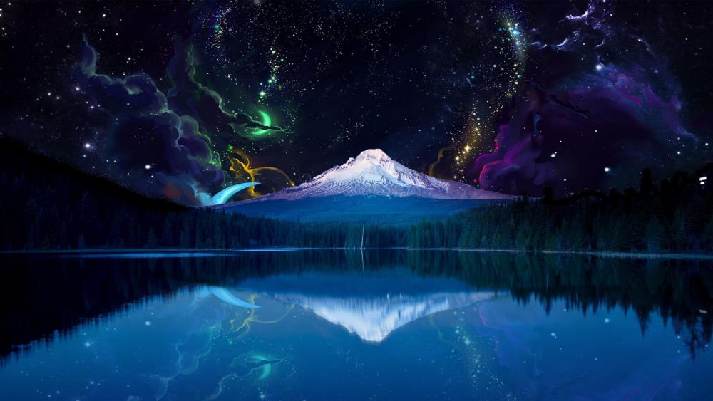 Fantasy night landscape with Mount Hood. wallpaper
