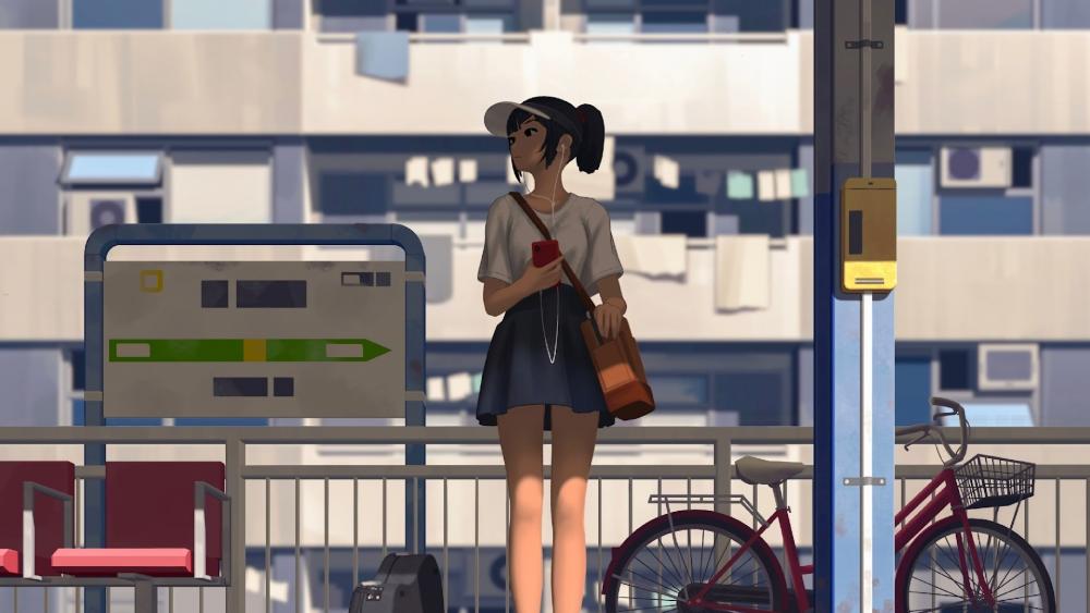 Anime Girl Waiting for the bus wallpaper