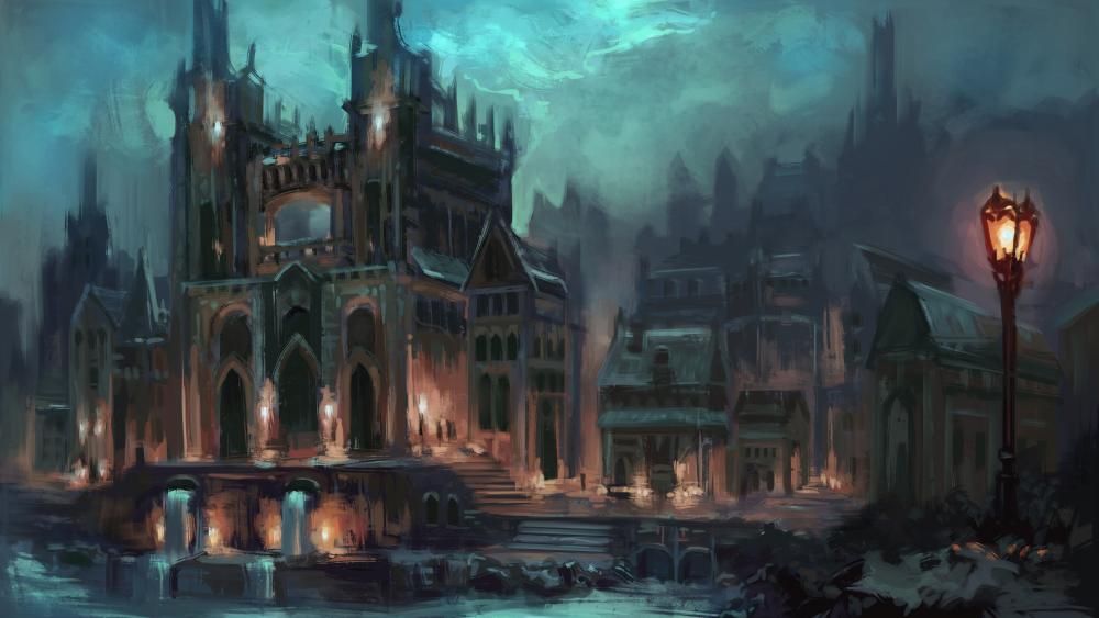 Fantasy gothic cathedral wallpaper