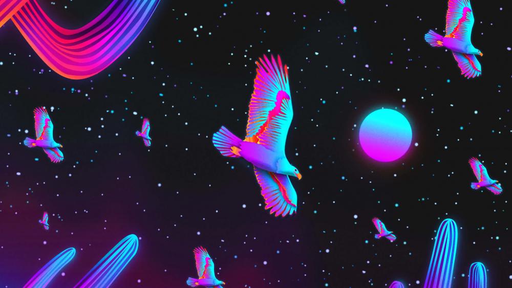 Neon space birds wallpaper