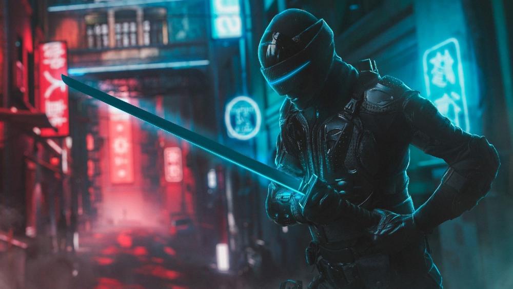 Futuristic Ninja Warrior in Neon-lit City wallpaper