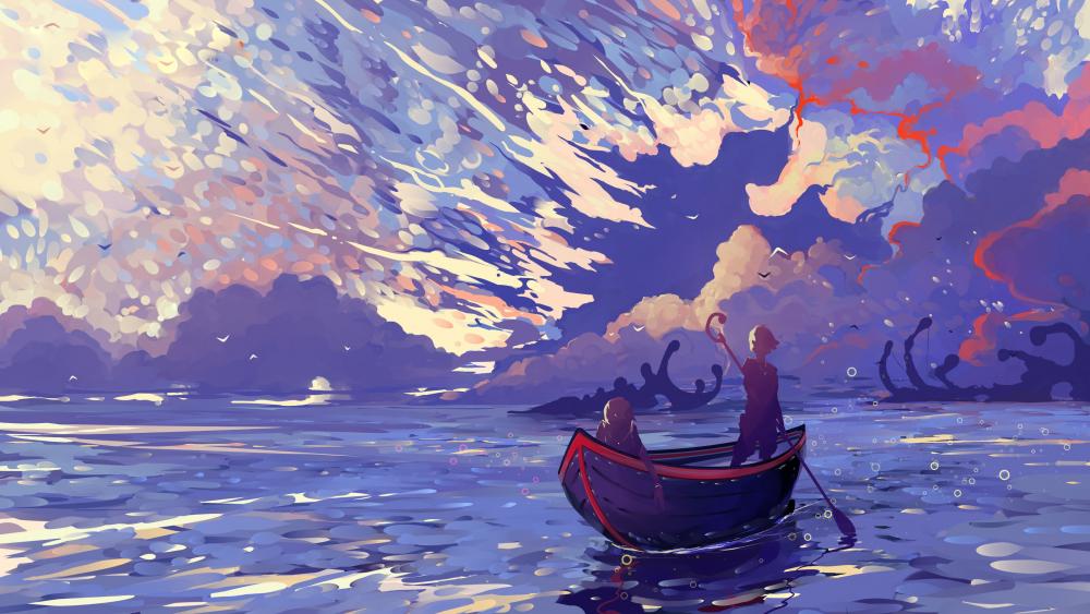 Two in one boat digital anime scenery wallpaper