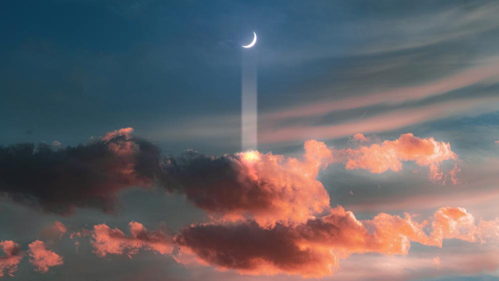 Crescent Moon Amidst Blushing Clouds wallpaper