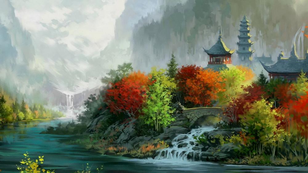 Painting of pagoda and trees wallpaper