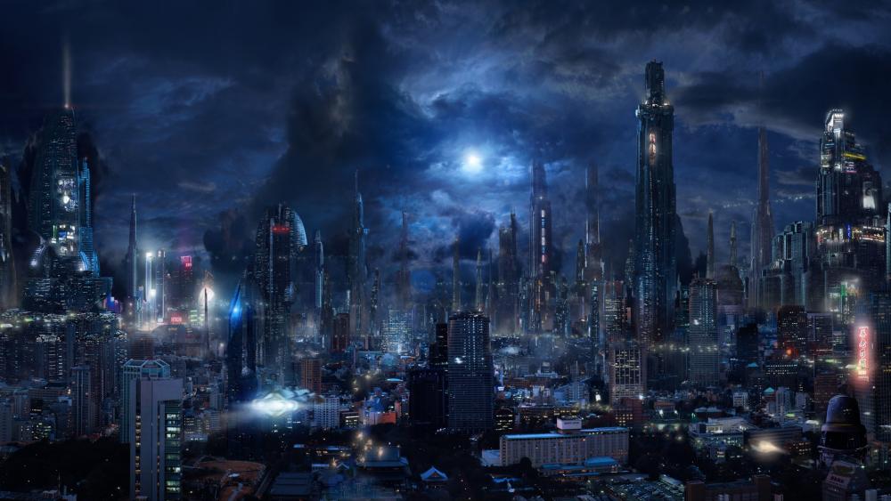 Futuristic Metropolis Under a Gloomy Night Sky wallpaper