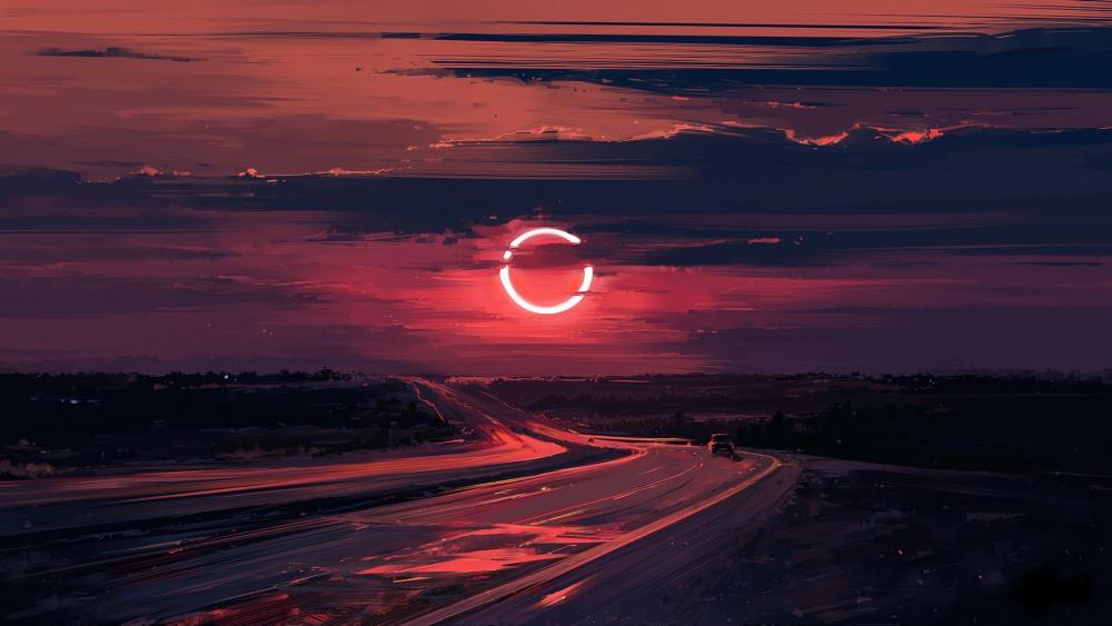 Crimson Eclipse Over Digital Highway wallpaper