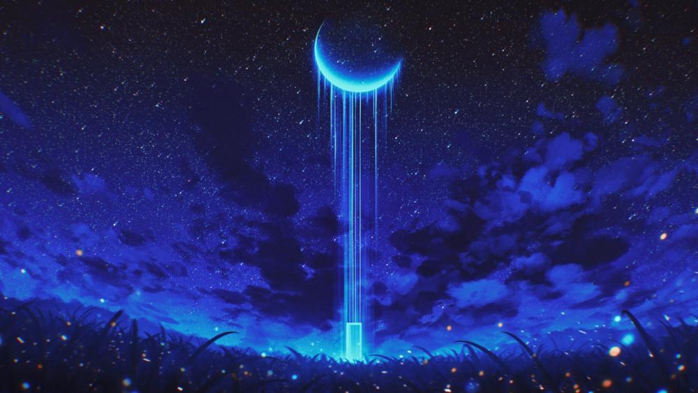 Mystical Moonlight Cascade in Starry Anime Realm wallpaper