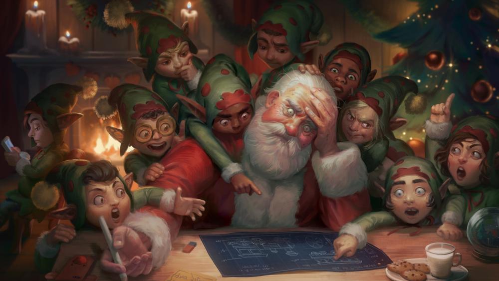 Santa Claus and elves wallpaper