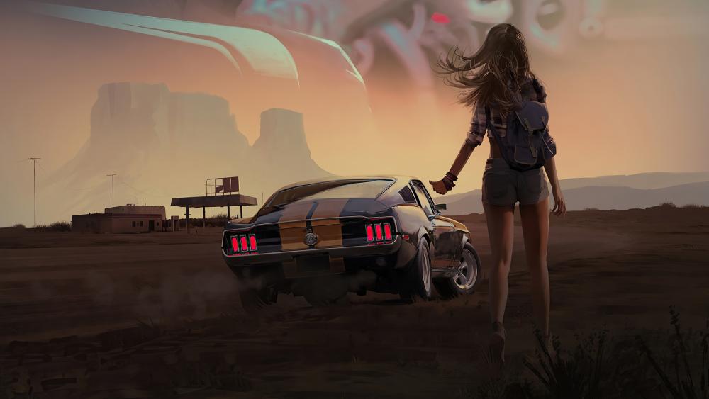Hitchhiker anime girl and a Mustang wallpaper