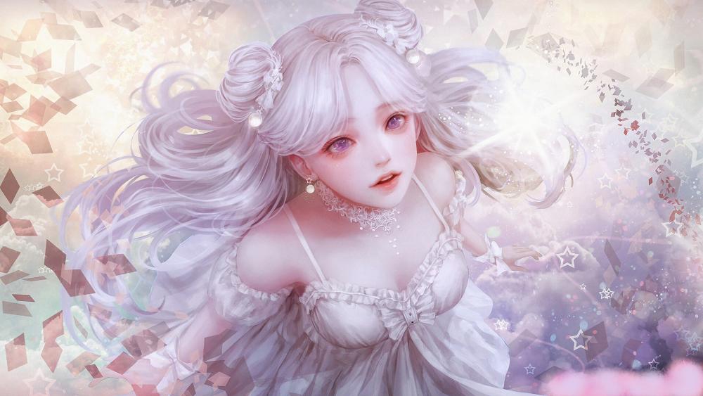 Ethereal White-Haired Anime Beauty in Dreamland wallpaper