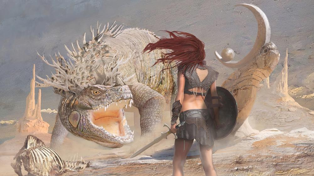 Warrior women vs dragon wallpaper
