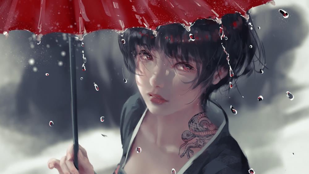 Rain-Soaked Serenity with Tattooed Anime Girl wallpaper