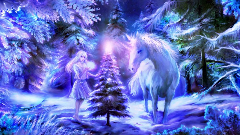 Enchanted Winter Wonderland with Unicorn and Maiden wallpaper