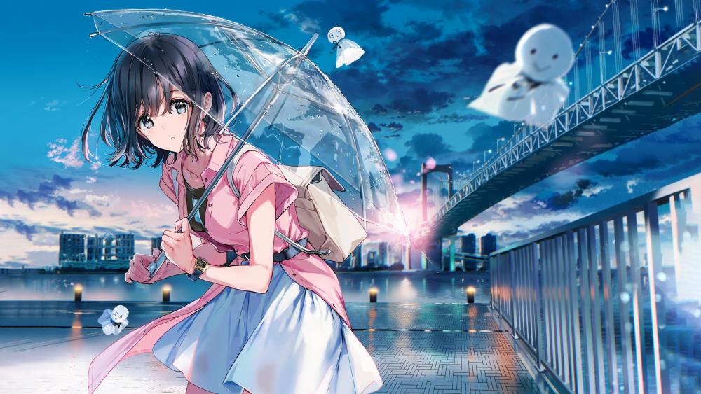 Anime girl with transparent umbrella wallpaper