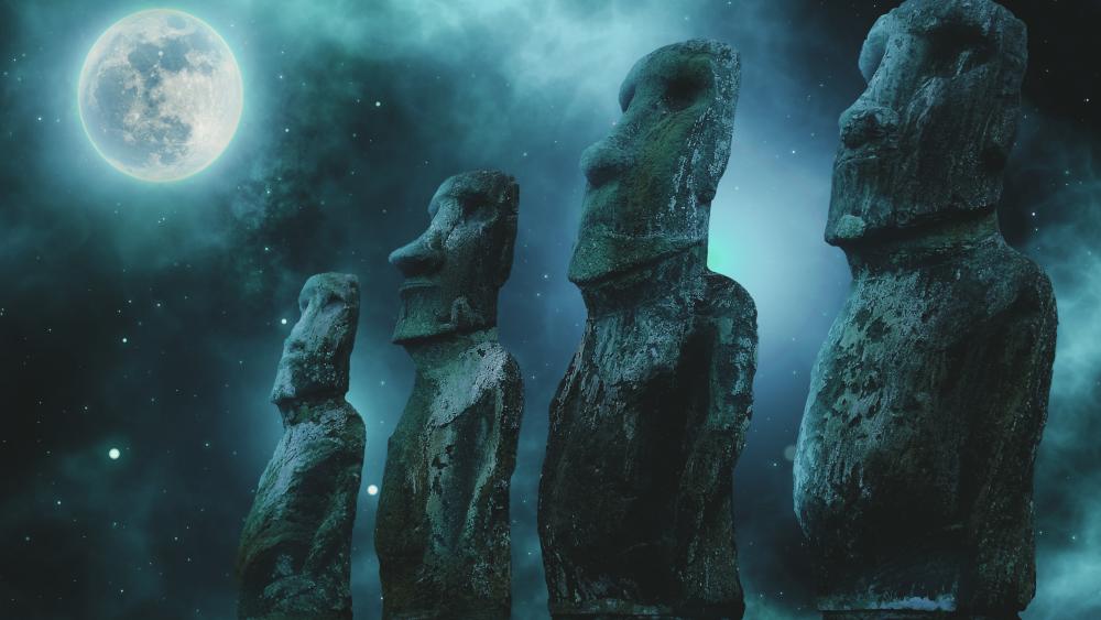 Easter Island stone statues at full moon wallpaper