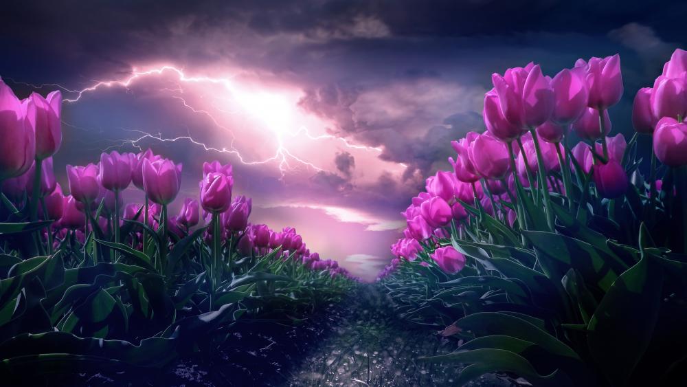Stormy Spring: Pink Tulips Under Thunder wallpaper
