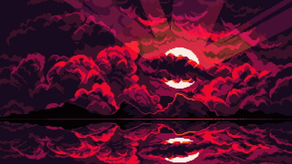 Crimson Sundown in Pixel Paradise wallpaper