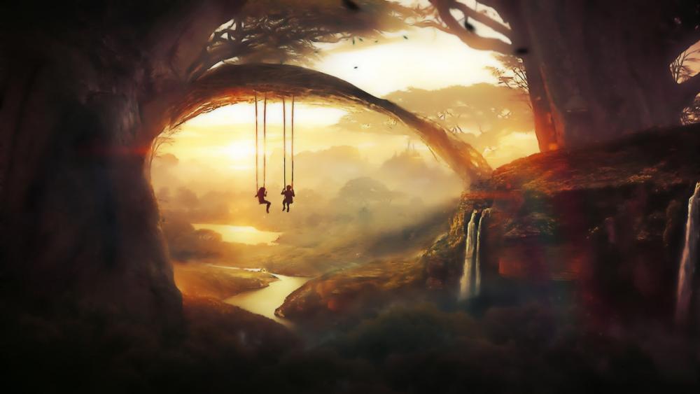 Riding on swing above the river wallpaper