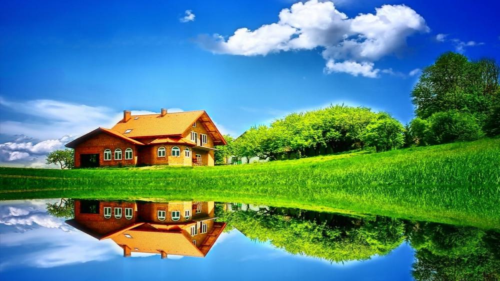 Idyllic Cottage Reflection in Serene Waters wallpaper