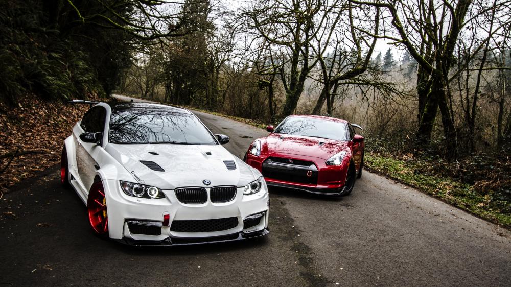 BMW and Nissan GT-R Standoff in the Wild wallpaper