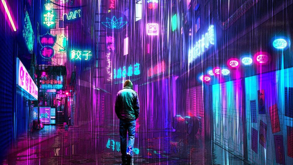 Neon Rainwalk Through Cyberpunk Metropolis wallpaper