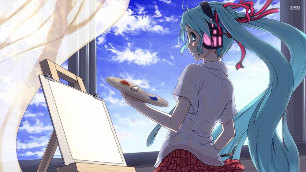 Miku's Artistic Moment by the Window wallpaper