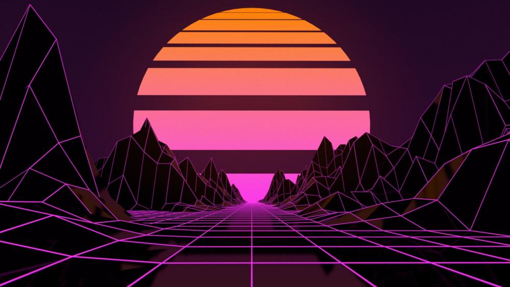 Neon Sunset in Digital Mountains wallpaper