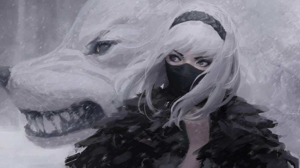 Masked girl with wolf wallpaper