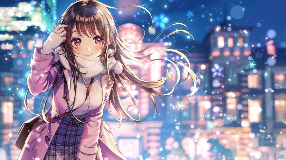 Winter Evening Glow with Anime Elegance wallpaper