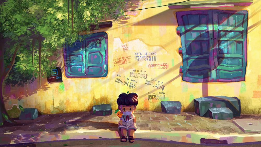 Masked Child in a Colorful Vietnamese Alley wallpaper