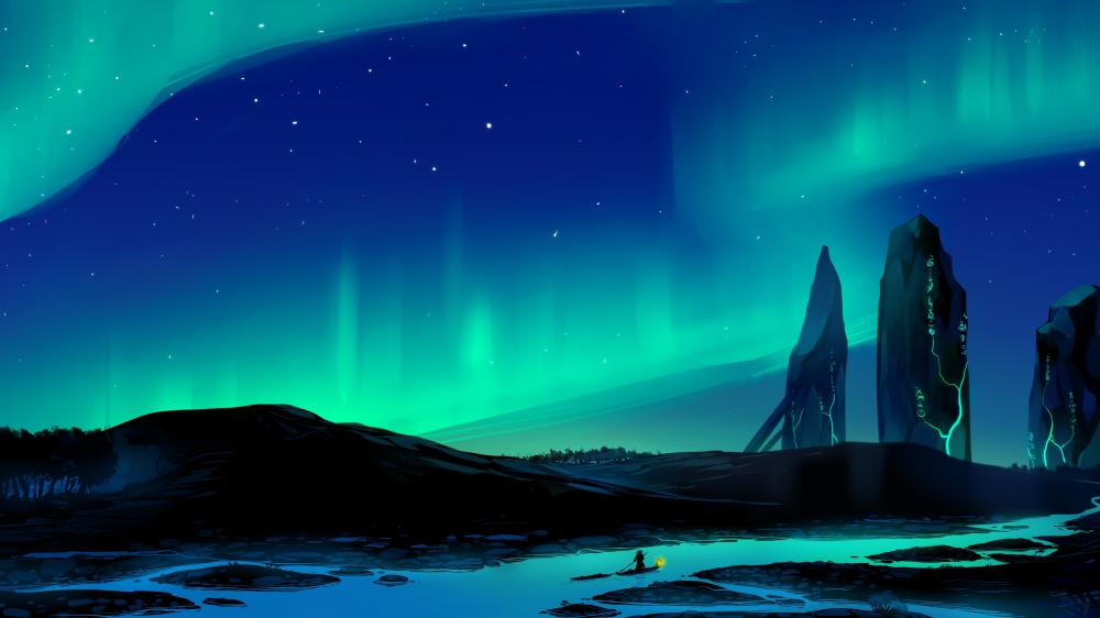 Mystical Aurora Over a Sci-Fi Landscape wallpaper