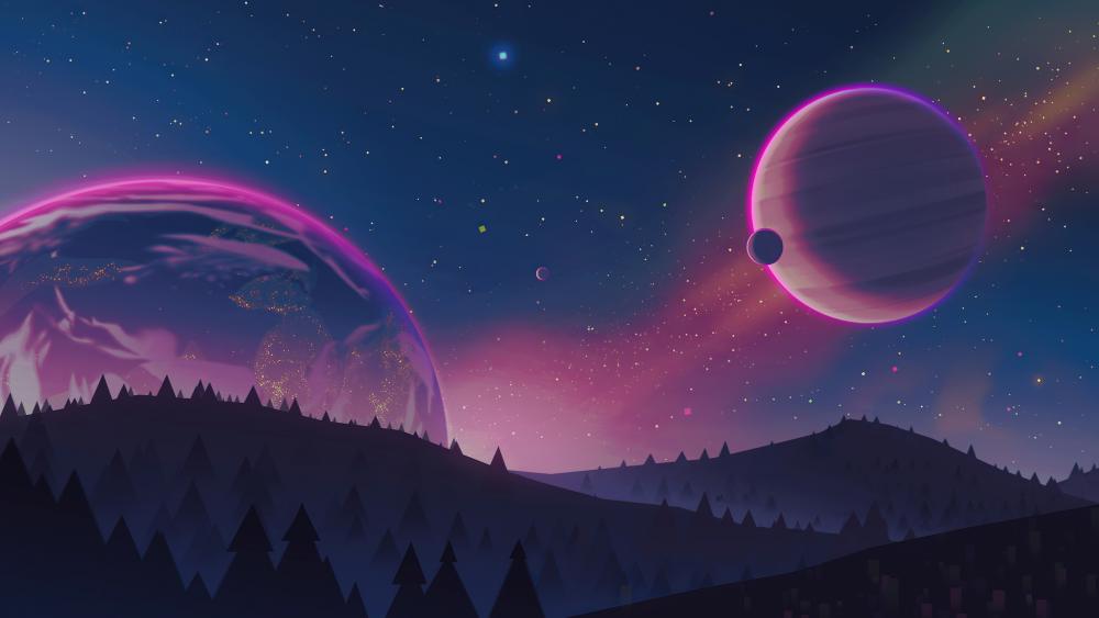 Starry Sky Over Futuristic Fantasy World wallpaper