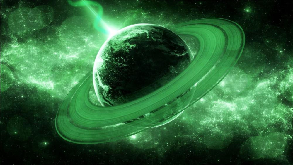 Green ringed planet wallpaper