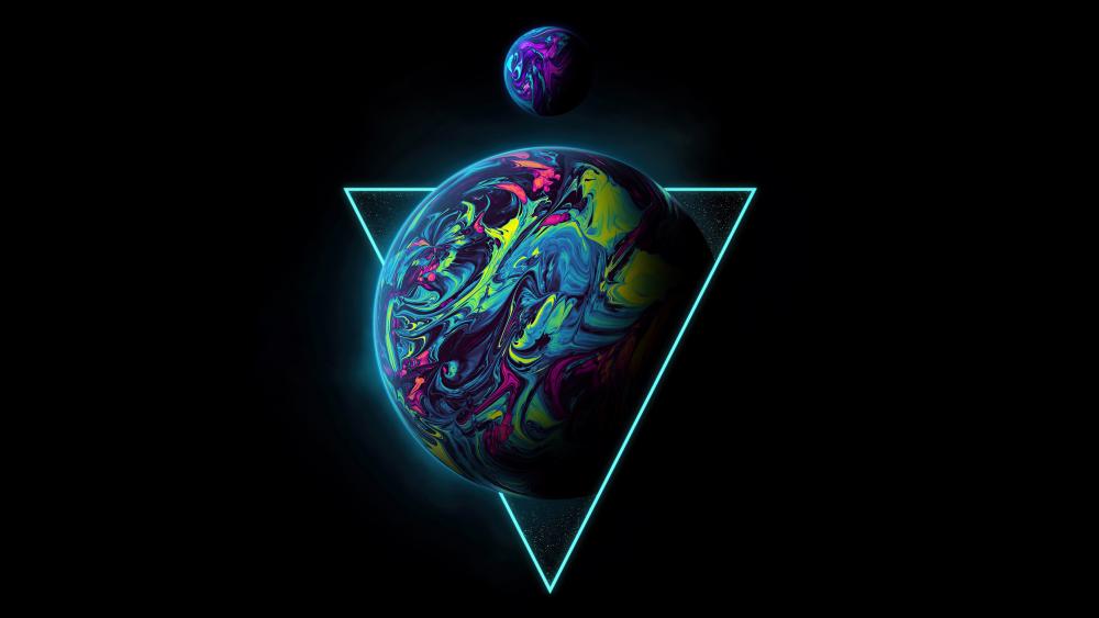 Neon Triangle Nexus with Swirling Planets wallpaper
