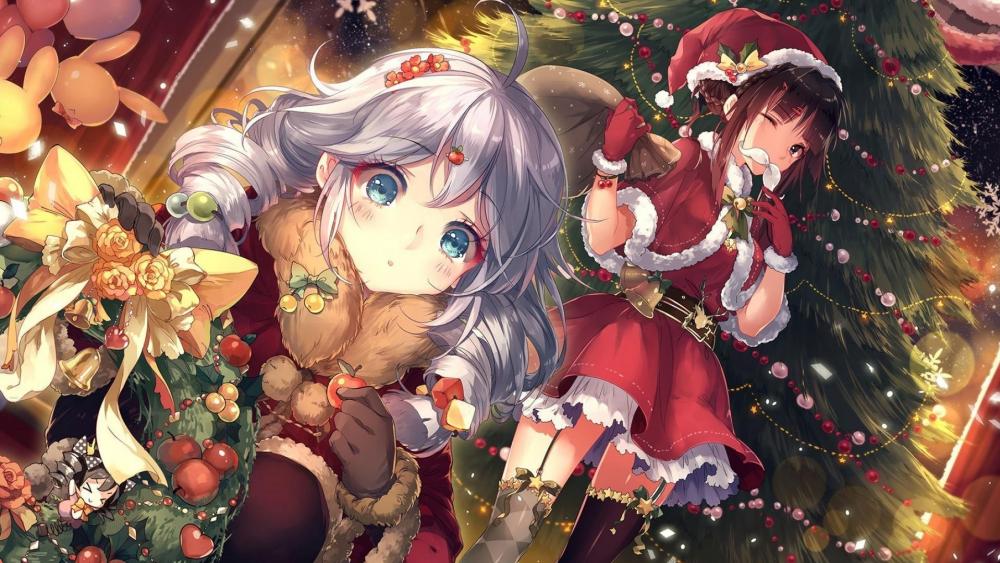 Festive Anime Girls Celebrating Christmas wallpaper