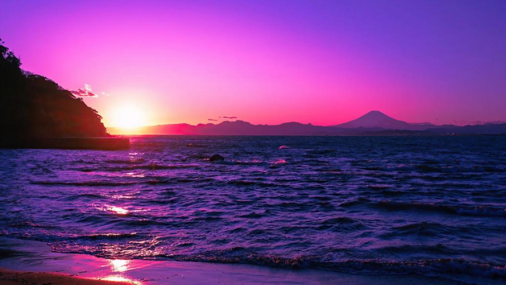 Majestic Purple Sunset by the Shore wallpaper
