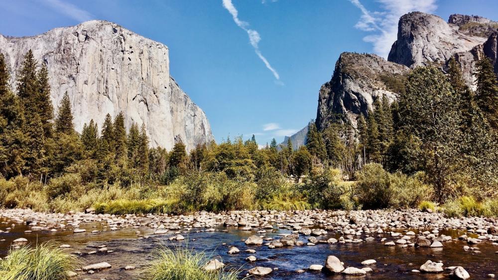 El Capitan and Cathedral Rocks from the bank of the Merced River wallpaper