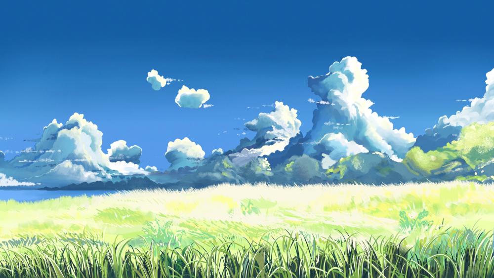 Serene Anime Grassland Under Blue Skies wallpaper