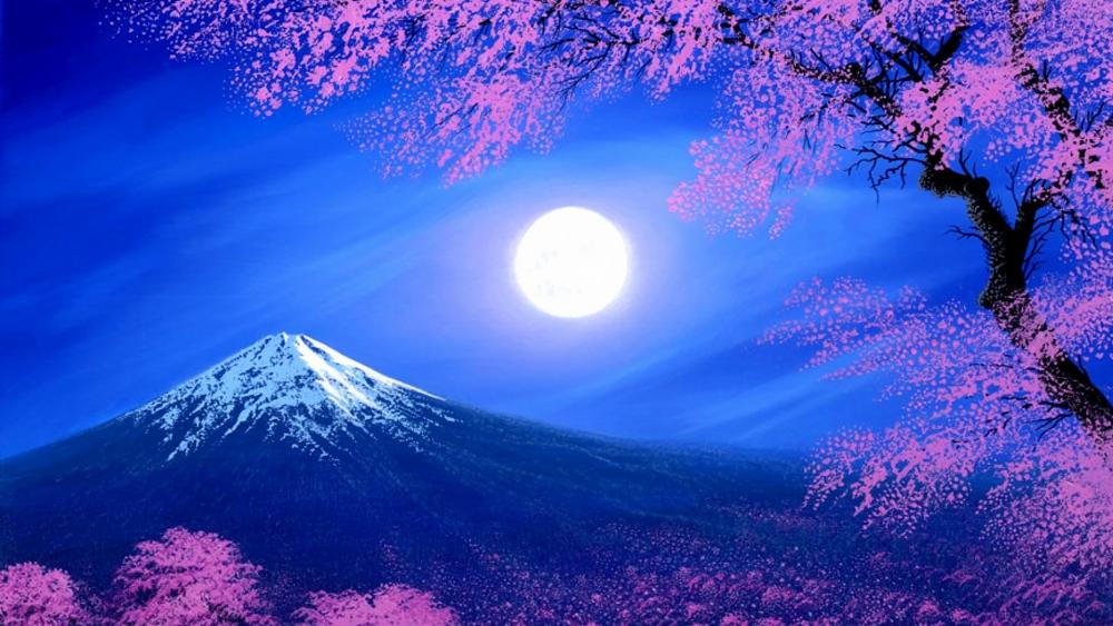 Full moon over Mount Fuji on a spirng night wallpaper