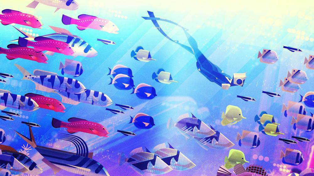 Diver with a fish of school digital art wallpaper