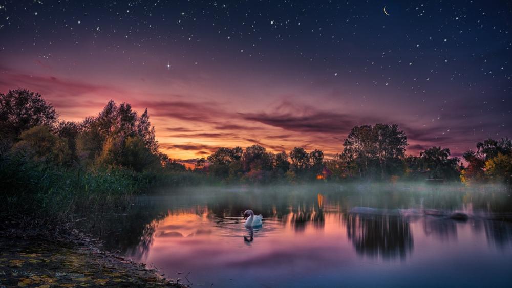 Starry Lake Serenade under a Crescent Moon wallpaper
