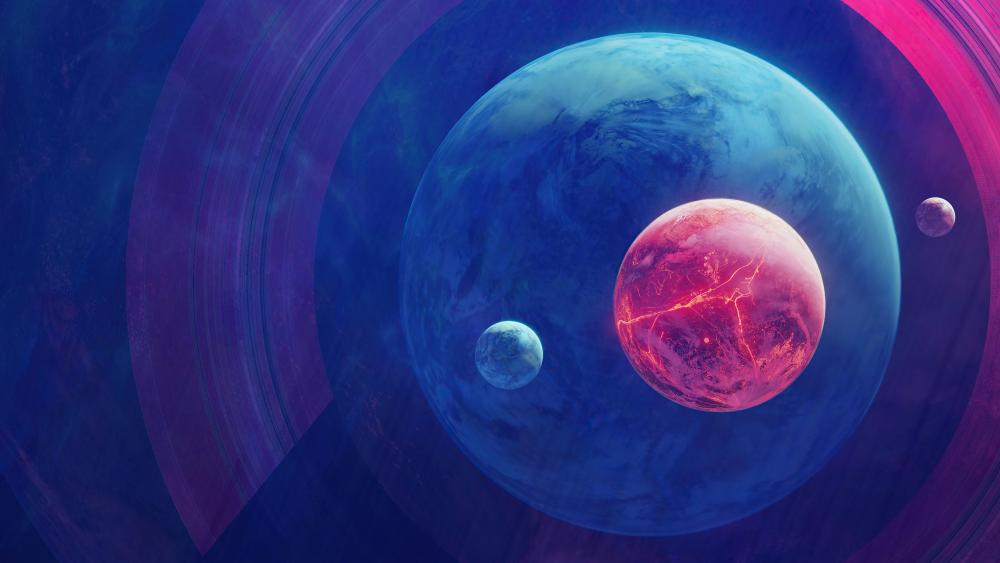 Planets with moons digital art wallpaper
