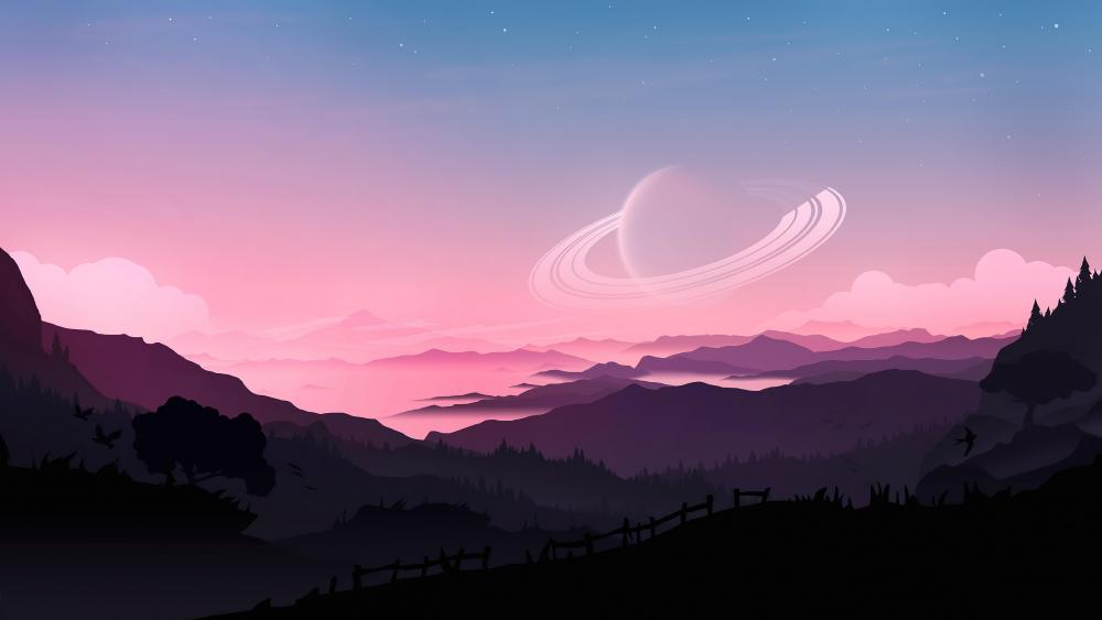 Serene Cosmic Sunset Beyond Mountains wallpaper