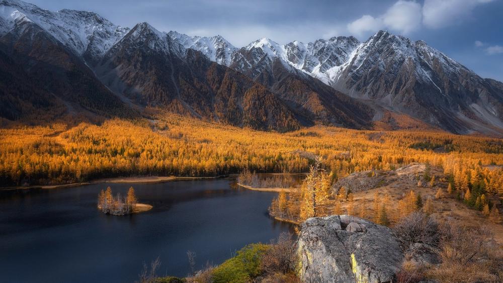 Majestic Autumn Landscape Over Mountains and Lake wallpaper