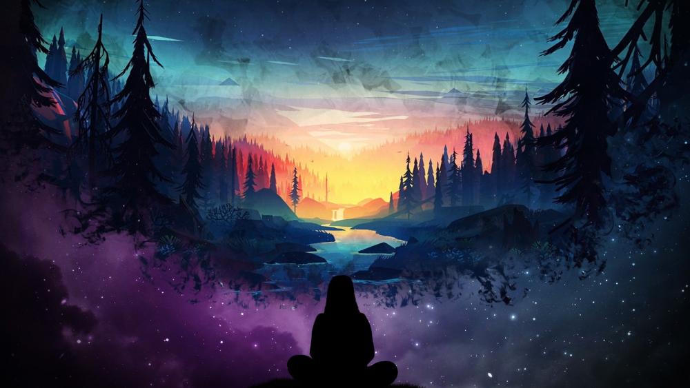 Mystical Sunset Silhouettes in Enchanted Wilderness wallpaper