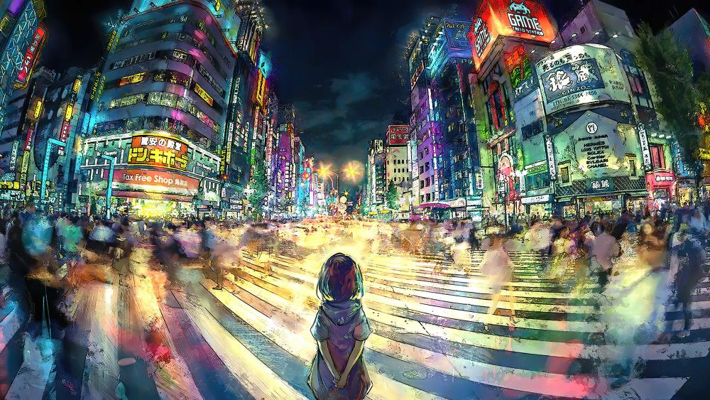 Shibuya Tokyo crosswalk anime art wallpaper