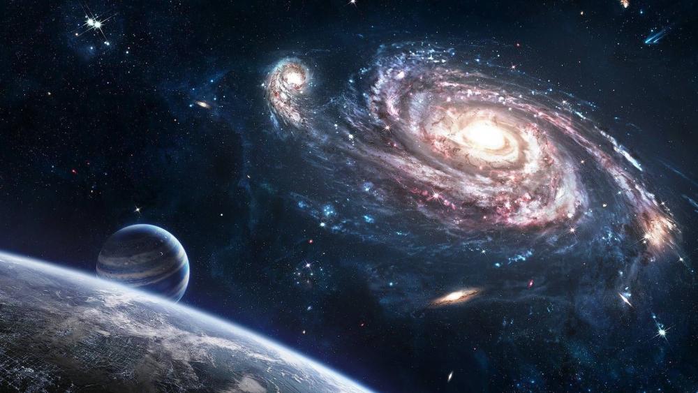 Spiral Galaxy and Distant Planets Vista wallpaper